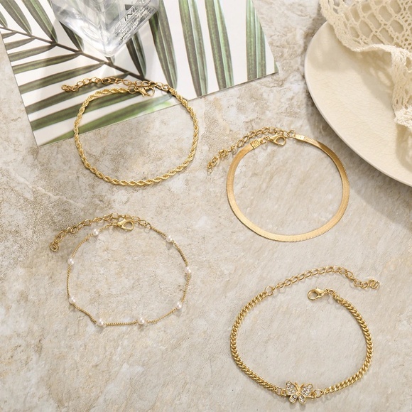 Dainty Gold Color 4 Piece Bracelet Set, Butterfly Bracelet - Picture 4 of 7